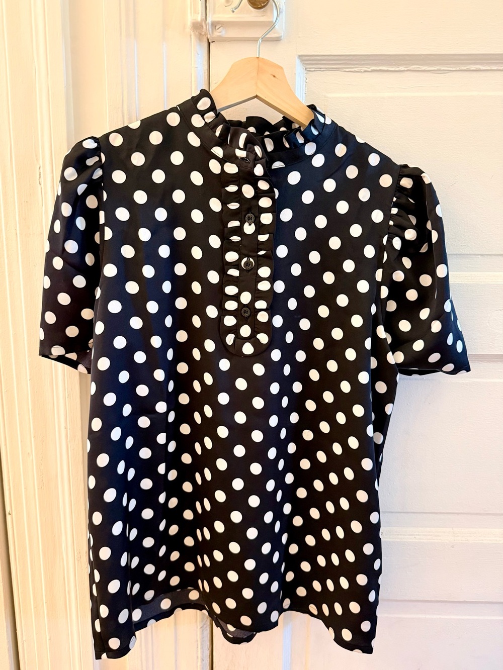 Karl Lagerfeld Black & White Polka Dot Short-Sleeve Blouse with Ruffle Collar